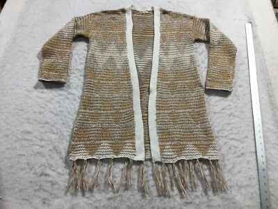 Cárdigan Suéter Mystree Para Mujer S Pequeño Blanco Dorado Tostado Azteca Borla Frente Abierto Foto 1 de 4