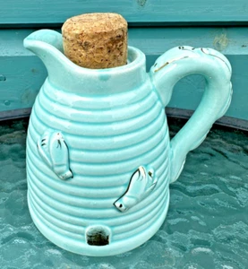 Vintage Honigkrug, Topf, Glas mit Bienen auf Bienenstock, Korbmuster, Trefinos Korken - Bild 1 von 8