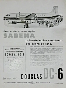 PUBLICITÉ DE PRESSE 1947 AVION DE LIGNE DOUGLAS DC-6 SABENA - Imagen 1 de 1