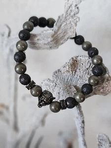 MÄNNER Edelstein Armband Wolf Schmuck Natursteinarmband Lavastein, Pyrit - Bild 1 von 4