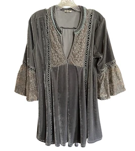 POL Women's Tunic Top Size L Gray Velvet Renaissance Fairy Jester Boho Festival - Picture 1 of 16