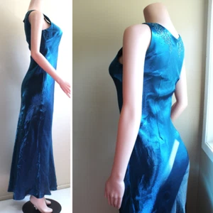 Bias Cut Slip Dress Alex Evenings 6 S Sleeveless Shiny Cerulean Blue Bead Bodice - Picture 1 of 12