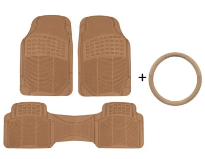 All Weather Car Floor Mats + Leather Steering Wheel Cover Set Universal Fit - Image 1 of 4