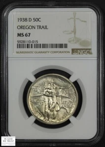 1938 D Oregon Trail Commemorative Silver Half Dollar 50C NGC MS 67 - Picture 1 of 5