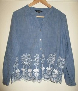 Mercer & Madison Blue Denim Long/S V Neck Palm Trees Top 12 - Picture 1 of 5
