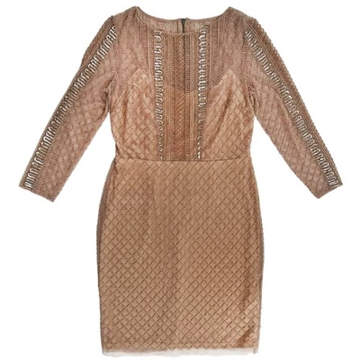 Adriana Papell Bodycon Sheath Dress Sequin Beads Long Sleeve Boat Neck Nude Sz 8 - Image 1 of 4