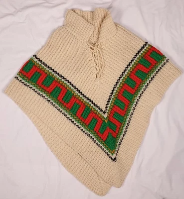 Poncho grueso tejido a mano de colección para mujer marfil/verde/naranja quemado/negro/dorado talla única Foto 1 de 4