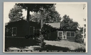 Carrete y gatillo RPPC Lodge Moose Lake HAYWARD WI Wisconsin foto real postal - Imagen 1 de 2