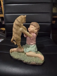 Adorable Vintage Girl & Her Cat 8"×9" Res8n Figurine Sitting In The Grass - Picture 1 of 9