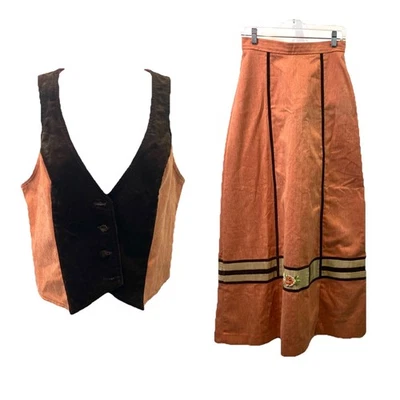 Vtg 70s Neiman Marcus Juniors Vest Skirt Set Brown Velvet Peach Maxi Hippie 11 - Image 1 of 4