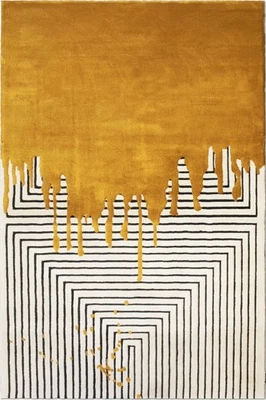 Handmade Mustard Wool Rug 5x8 – Hand Tufted Drip Black Stripe Rectangular Carpet - Image 1 of 4