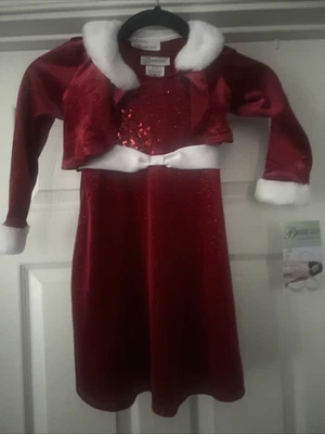 Girls Size 4 Christmas Red Sequin Dress BONNIE JEAN Santa Suit Faux Fur Shrug - Image 1 of 4