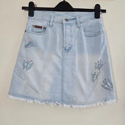 Newline Blue Light Wash Denim Embroidered Butterflies & Studs Mini Skirt Size S - Image 1 of 4