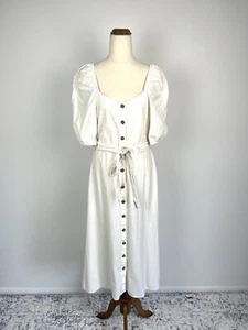 H&M Womens Dress 8 S Ivory Puff Sleeve Button Up Cottagecore Belt Boho Coastal - Picture 1 of 13