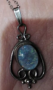 Vintage Sterling Silver Lab Opal Art Nouveau Style Pendant w Chain reg $45 SALE - Picture 1 of 11