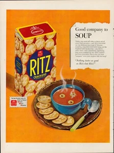 Snack Cracker Ritz Food 1950 anuncio impreso vintage años 50 sopa de tomate aceitunas almuerzo cena - Imagen 1 de 9