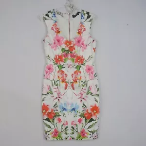 Portmans Womens Bodycon Dress Size 10(AU) White Floral V-Neck Sleeveless Summer - Picture 1 of 9