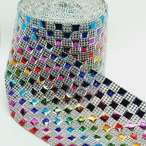 12cm Silver MULTI COLOUR Diamonte Crystal Effect Rhinestone Ribbon Mesh - Picture 1 of 1