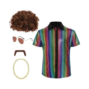 70s Disco Costume Sequins Shirt Wig Mustache Glasses Chain Size Kids 7-8 Years - Picture 1 of 6