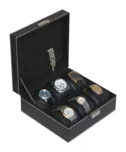 6 WATCH CASE STORAGE DISPLAY BOX BLACK Faux Leather W/WHITE STICHING - Picture 1 of 3