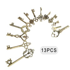13Pcs/Set Vintage Antique Old Brass Skeleton Keys Lot Cabinet Barrel Lock Retro