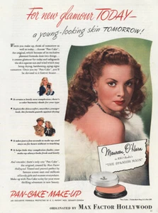1945 Max Factor Pan Cake Make Up: Maureen OHara Vintage Print Ad - Picture 1 of 1