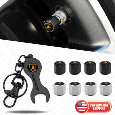 Hex Lamborghini Car Tire Wheel Air Stem Dust Valve Caps Cover + Wrench Keychain Foto 1 de 4