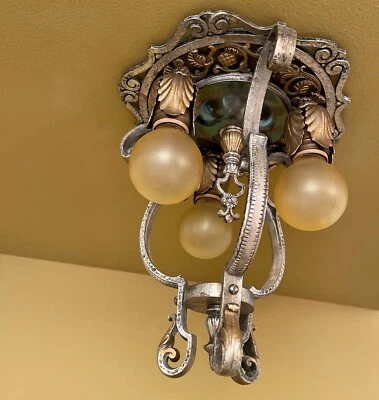 Vintage Lighting TWO thistle foyer hall 1920s silver ceiling fixtures - Image 1 of 4