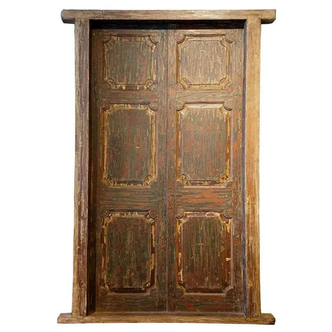 Large Antique Indian Painted Teak Paneled Double Door & Jamb 19th century Cover