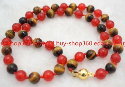 Colares de contas de pedra preciosa jade vermelha olho de tigre amarelo natural 6/8/10 mm 18" - Imagem 1 de 4