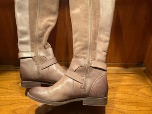 LUCKY BRAND Taupe / Gray Leather Suede Buckle Zip Knee High Boots Sz 7.5 M Ex.C - Picture 1 of 11
