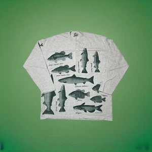 Vintage Rel-e-vant Fish Fishing All Over Print Long Sleeve Shirt 90s Men XL 1994 - Picture 1 of 12
