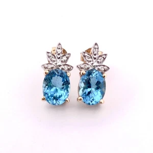 Ohrringe Ohrstecker 14 Karat massiv Gelbgold Diamanten und Blautopas - Bild 1 von 8