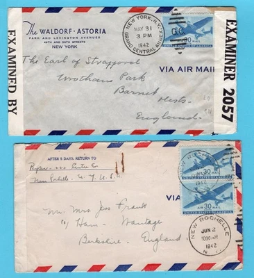 USA 2 censored covers 1942 New York, New  Rochelle to England - Image 1 of 2