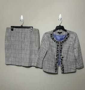 Josephine Women’s Blazer & Skirt Set 12 Gray Tweed Beaded 3/4 Sleeve Work Church - Picture 1 of 16