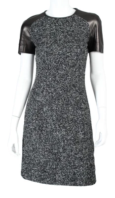 MICHAEL KORS COLLECTION Gray Wool Boucle & Leather Sleeve A-Line Dress 4 - Image 1 of 4