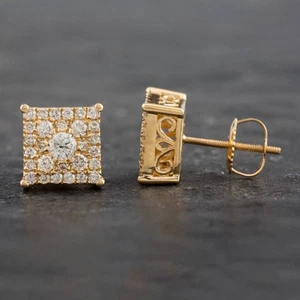 Second Hand 14ct Yellow Gold Brilliant Cut Diamond Square Cluster Stud Earrin... - Picture 1 of 2
