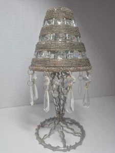 Vtg TEA LIGHT Lamp Fairy Light Dangling Crystals Beads Metal Silver Tabletop 9". - Picture 1 of 15