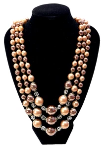 Vintage Japan 3 Strang Halskette Braun/Bernstein/Pfirsich Ton Perlen - Bild 1 von 10