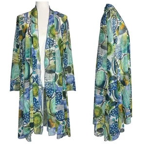 Kozan Molly Sheer Mesh Duster Cardigan Jacket L Abstract Art Print Open Front - Bild 1 von 8