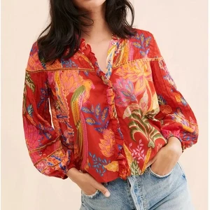 Camicetta FARM Rio Mystic Bush con bottoni rossa boho tropicale abbigliamento resort vacanze - Foto 1 di 24