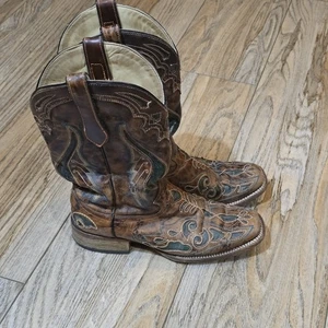Corral Damengröße 8,5 – brüniertes braun türkisfarbenes Leder-Westernstiefel mit Intarsien Cowgirl - Bild 1 von 10
