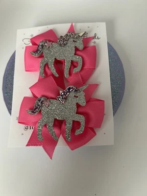 Pink Glitter Unicorn  Inspired Set of Pig Tail hair bows for girls. 3.5” - Image 1 of 2