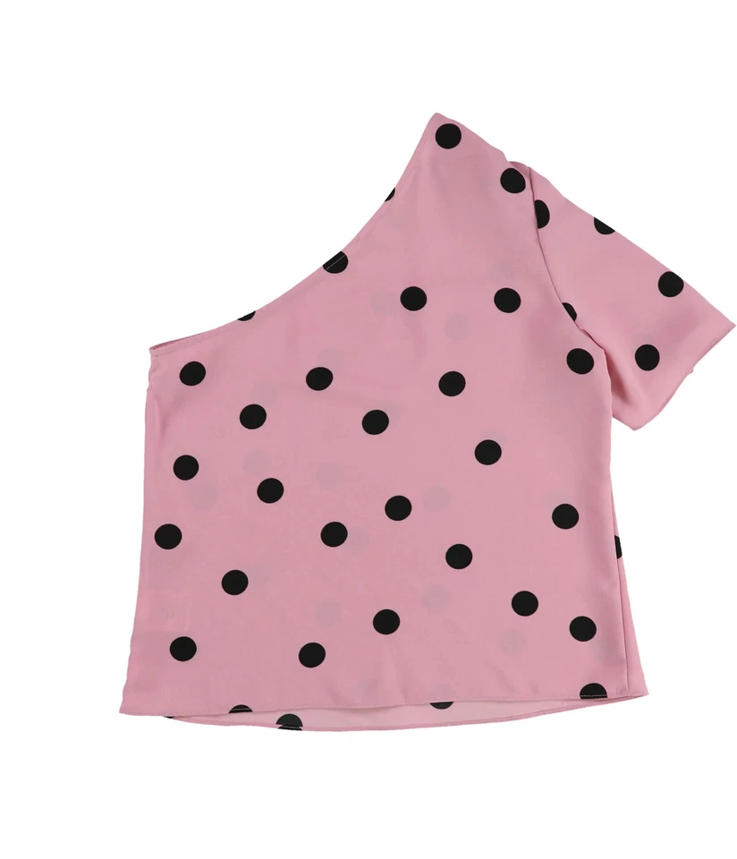 Bar III Womens One Shoulder Pullover Blouse Pink Black Polka Dot Top