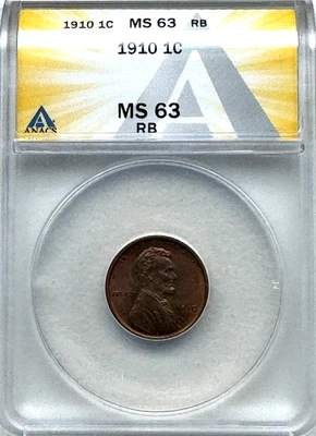 1910 LINCOLN WHEAT CENT - ANACS MS63 RB -  FREE SHIPPING! - Image 1 of 2