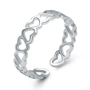 NUEVO Anillo Ajustable Moderno de Plata Esterlina 925 Curva Corazones Talla 3-5 - Imagen 1 de 3