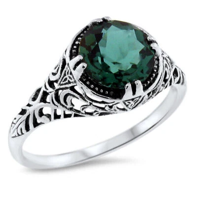 VICTORIAN STYLE 925 STERLING SILVER FILIGREE 2 CARAT SIMULATED EMERALD RING 624X - Image 1 of 4