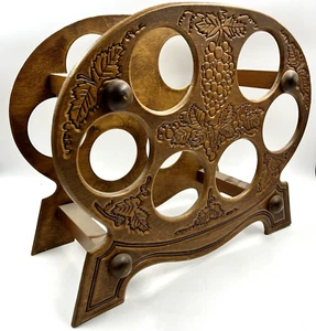 Vintage Carved Wood Wine Bottle Rack Holder Display Holds 6 Grapes Grapevine 80s - Picture 1 of 11