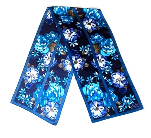 Oscar de la Renta Floral Silk Scarf Blue Purple Peonies 53" X 11" - Picture 1 of 3