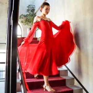 NEU Latein Ballsaal Tanzkleid modern Salsa Walzer Standard langes Kleid #G374 rot - Bild 1 von 11